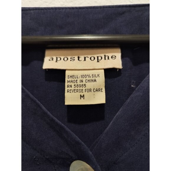 Apostrophe Navy Blue 100% Silk V Neck Mother Pearl Button Tunic Top M - Picture 10 of 12